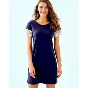 Lilly Pulitzer Navy Dress With White Lace Sleeves - 100% Pima Cotton XS